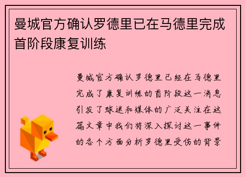 曼城官方确认罗德里已在马德里完成首阶段康复训练 曼城官方确认罗德里已在马德里完成首阶段康复训练